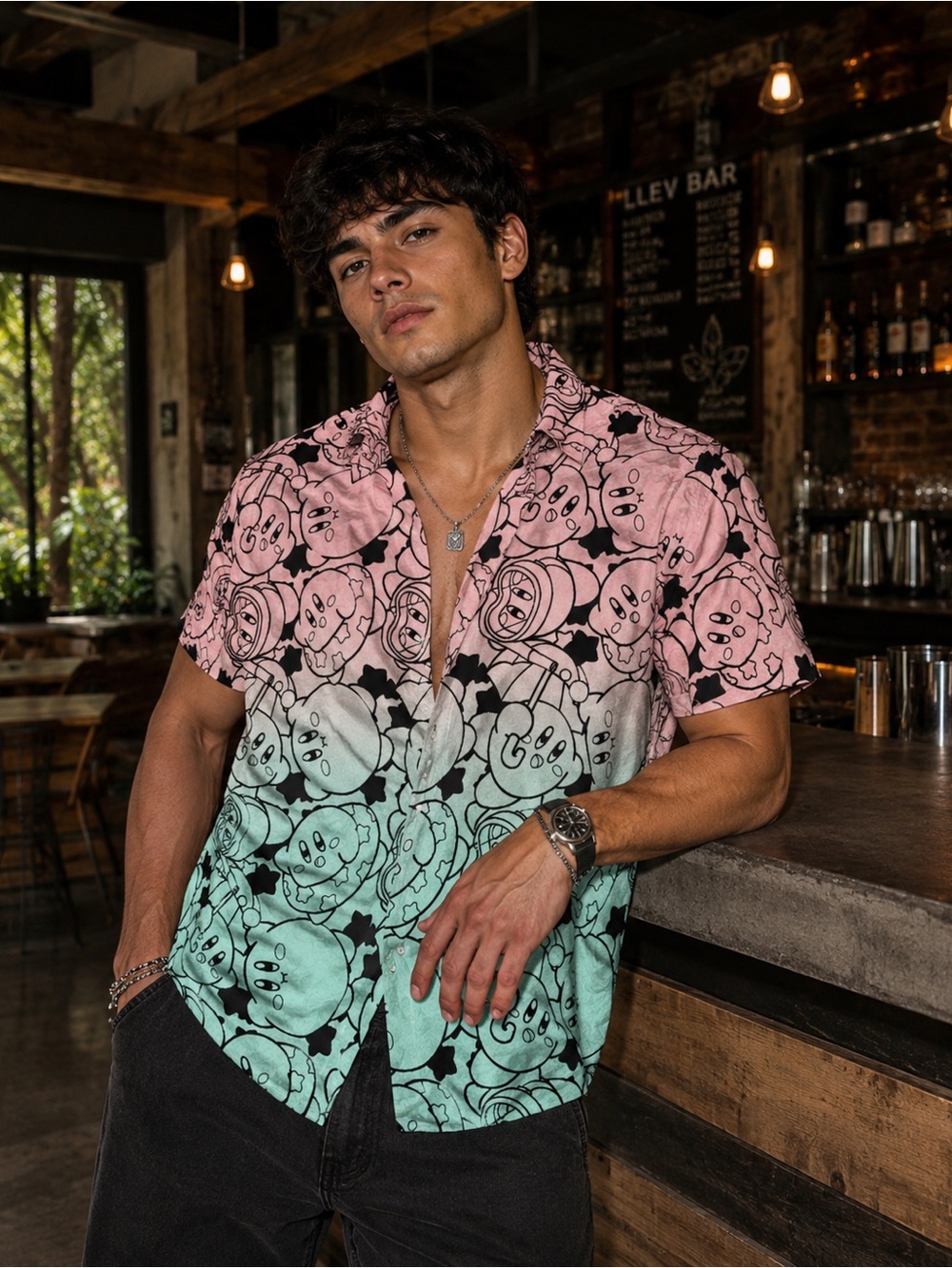 Nintendo Kirby Fifth Sun XXL Button Up Shirt Pink Blue Ombre All Over Print